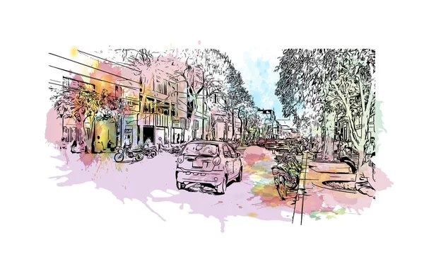 Print Building view with landmark of Chiclayo is the city of Peru. Vektör içinde elle çizilmiş çizim eşkali ile suluboya sıçraması.