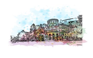 Chisinau 'nun tarihi yapısına sahip Print Building view Moldova' nın başkentidir. Vektör içinde elle çizilmiş çizim eşkali ile suluboya sıçraması.