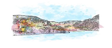 Chlef 'in simgesi olan Print Building View Cezayir' in başkentidir. Vektör içinde elle çizilmiş çizim eşkali ile suluboya sıçraması.