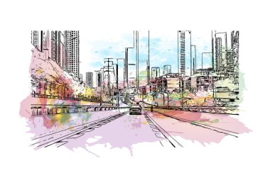 Chongqing, Çin 'de yer alan bir şehirdir. Vektör içinde elle çizilmiş çizim eşkali ile suluboya sıçraması.