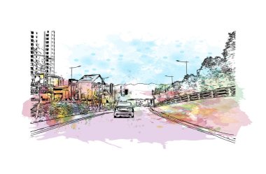 Chongqing, Çin 'de yer alan bir şehirdir. Vektör içinde elle çizilmiş çizim eşkali ile suluboya sıçraması.