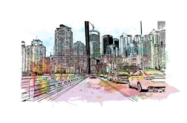 Chongqing 'in simgesi olan Print Building Manzarası Çin Belediyesi' dir. Vektör içinde elle çizilmiş çizim eşkali ile suluboya sıçraması.