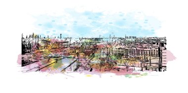 Print Building view with landmark of Chorzow is the city in Poland. Vektör içinde elle çizilmiş çizim eşkali ile suluboya sıçraması.