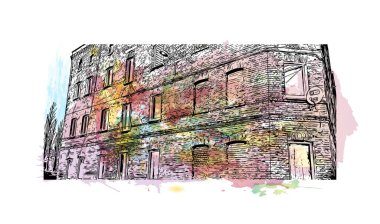 Print Building view with landmark of Chorzow is the city in Poland. Vektör içinde elle çizilmiş çizim eşkali ile suluboya sıçraması.