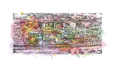 Print Building view with landmark of Chorzow is the city in Poland. Vektör içinde elle çizilmiş çizim eşkali ile suluboya sıçraması.