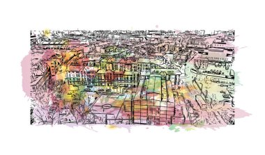 Print Building view with landmark of Chorzow is the city in Poland. Vektör içinde elle çizilmiş çizim eşkali ile suluboya sıçraması.