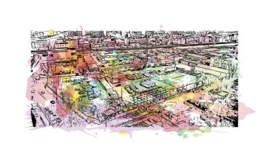 Print Building view with landmark of Chorzow is the city in Poland. Vektör içinde elle çizilmiş çizim eşkali ile suluboya sıçraması.