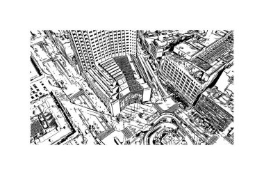 Cleveland 'ın simgesi olan Print Building View Ohio' da bulunmaktadır. Vektörde elle çizilmiş çizim çizimi.