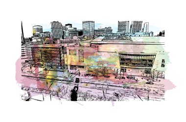 Cleveland 'ın simgesi olan Print Building View Ohio' da bulunmaktadır. Vektör içinde elle çizilmiş çizim eşkali ile suluboya sıçraması.