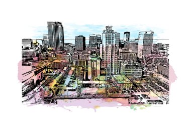 Cleveland 'ın simgesi olan Print Building View Ohio' da bulunmaktadır. Vektör içinde elle çizilmiş çizim eşkali ile suluboya sıçraması.