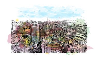 Cleveland 'ın simgesi olan Print Building View Ohio' da bulunmaktadır. Vektör içinde elle çizilmiş çizim eşkali ile suluboya sıçraması.