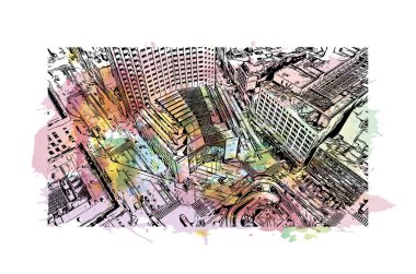 Cleveland 'ın simgesi olan Print Building View Ohio' da bulunmaktadır. Vektör içinde elle çizilmiş çizim eşkali ile suluboya sıçraması.