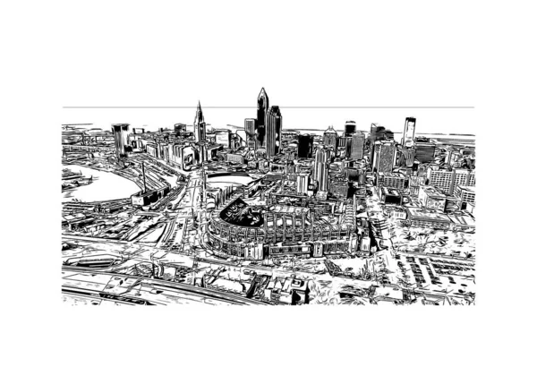 带有克利夫兰地标的印刷厂是俄亥俄州的一个城市 矢量手绘草图 — 图库矢量图片