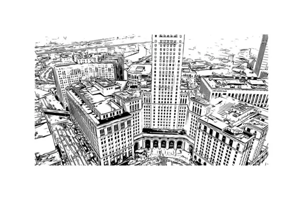 Print Building Vista Com Marco Cleveland Cidade Ohio Desenho Desenhado — Vetor de Stock