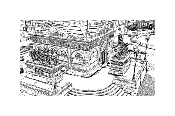 Вид Print Building Орієнтиром Клівленда Місто Огайо Намальована Вручну Ілюстрація — стоковий вектор