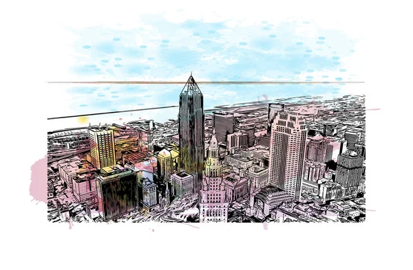 Cleveland 'ın simgesi olan Print Building View Ohio' da bulunmaktadır. Vektör içinde elle çizilmiş çizim eşkali ile suluboya sıçraması.