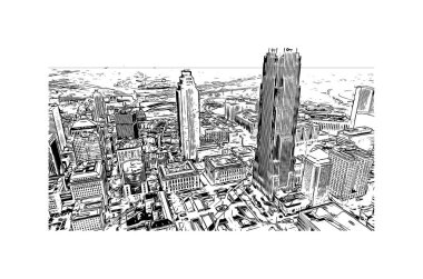 Cleveland 'ın simgesi olan Print Building View Ohio' da bulunmaktadır. Vektörde elle çizilmiş çizim çizimi.