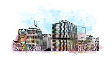 Cleveland 'ın simgesi olan Print Building View Ohio' da bulunmaktadır. Vektör içinde elle çizilmiş çizim eşkali ile suluboya sıçraması.