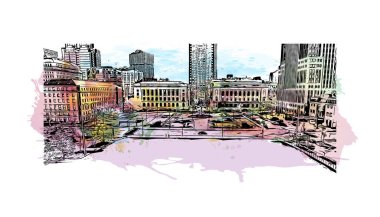 Cleveland 'ın simgesi olan Print Building View Ohio' da bulunmaktadır. Vektör içinde elle çizilmiş çizim eşkali ile suluboya sıçraması.