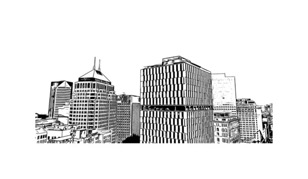 Drukuj Widok Budynku Zabytkiem Cleveland Jest Miasto Ohio Ręcznie Rysowany — Wektor stockowy