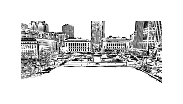 印刷クリーブランドのランドマークとビルの景色はオハイオ州の街です 手描きのスケッチ図ベクトル — ストックベクタ