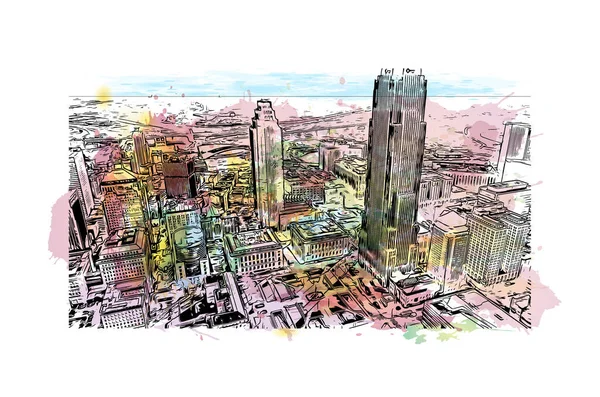 클리블랜드의 랜드마크가 전망은 도시이다 벡터에 손으로 스케치 그림으로 물감을 튀기는 — 스톡 벡터