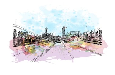 Cluj Napoca 'nın tarihi yapısına sahip olan Print Building Romanya' nın kentidir. Vektör içinde elle çizilmiş çizim eşkali ile suluboya sıçraması.