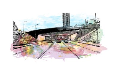 Cluj Napoca 'nın tarihi yapısına sahip olan Print Building Romanya' nın kentidir. Vektör içinde elle çizilmiş çizim eşkali ile suluboya sıçraması.