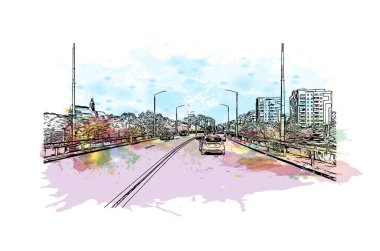 Cluj Napoca 'nın tarihi yapısına sahip olan Print Building Romanya' nın kentidir. Vektör içinde elle çizilmiş çizim eşkali ile suluboya sıçraması.