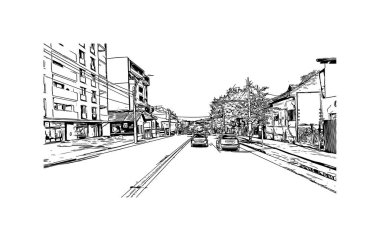 Cluj Napoca 'nın tarihi yapısına sahip olan Print Building Romanya' nın kentidir. Vektörde elle çizilmiş çizim çizimi.