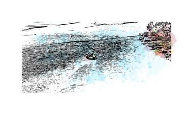 Coatzacoalcos 'un simgesi olan Print Building View, Meksika' da bir şehirdir. Vektör içinde elle çizilmiş çizim eşkali ile suluboya sıçraması.