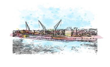 Coatzacoalcos 'un simgesi olan Print Building View, Meksika' da bir şehirdir. Vektör içinde elle çizilmiş çizim eşkali ile suluboya sıçraması.