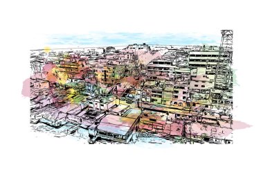 Coatzacoalcos 'un simgesi olan Print Building View, Meksika' da bir şehirdir. Vektör içinde elle çizilmiş çizim eşkali ile suluboya sıçraması.