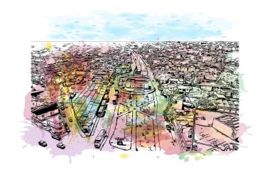 Coatzacoalcos 'un simgesi olan Print Building View, Meksika' da bir şehirdir. Vektör içinde elle çizilmiş çizim eşkali ile suluboya sıçraması.