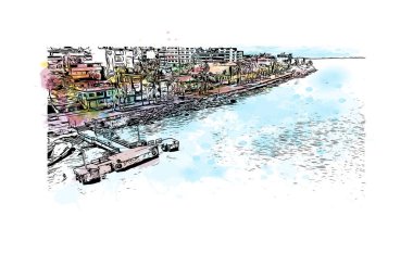 Coatzacoalcos 'un simgesi olan Print Building View, Meksika' da bir şehirdir. Vektör içinde elle çizilmiş çizim eşkali ile suluboya sıçraması.