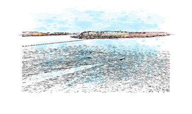 Coatzacoalcos 'un simgesi olan Print Building View, Meksika' da bir şehirdir. Vektör içinde elle çizilmiş çizim eşkali ile suluboya sıçraması.