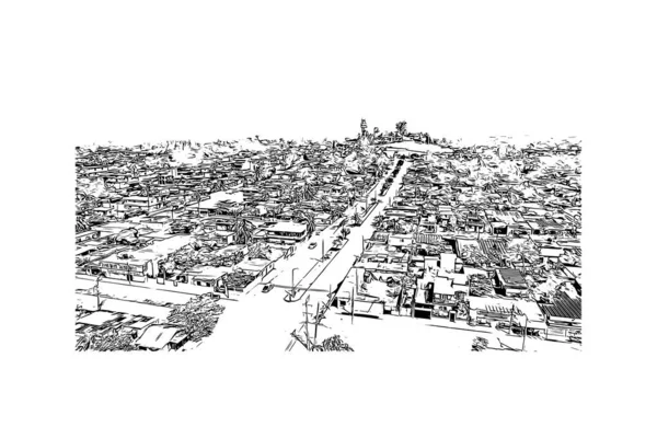 Coatzacoalcos 'un simgesi olan Print Building View, Meksika' da bir şehirdir. Vektörde elle çizilmiş çizim çizimi.