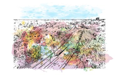 Kolombiya 'nın simgesi olan Print Building View, Güney Carolina' daki bir şehirdir. Vektör içinde elle çizilmiş çizim eşkali ile suluboya sıçraması.