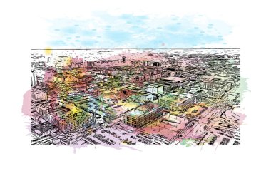 Kolombiya 'nın simgesi olan Print Building View, Güney Carolina' daki bir şehirdir. Vektör içinde elle çizilmiş çizim eşkali ile suluboya sıçraması.