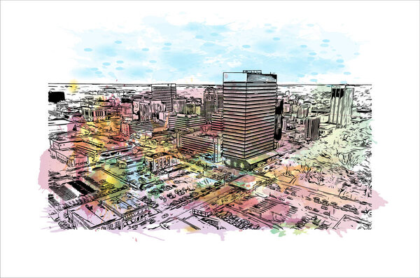 Print Building view with landmark of Columbia is the city in South Carolina. Watercolour splash with hand drawn sketch illustration in vector.