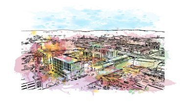 Print Building view with landmark of Columbus is a western Georgia 'da bir şehirdir. Vektör içinde elle çizilmiş çizim eşkali ile suluboya sıçraması.