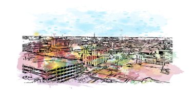 Print Building view with landmark of Columbus is a western Georgia 'da bir şehirdir. Vektör içinde elle çizilmiş çizim eşkali ile suluboya sıçraması.