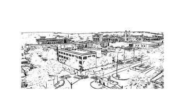 Print Building view with landmark of Columbus is a western Georgia 'da bir şehirdir. Vektörde elle çizilmiş çizim çizimi.