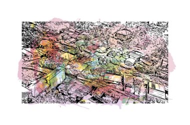 Print Building view with landmark of Conakry, Gine 'nin başkentidir. Vektör içinde elle çizilmiş çizim eşkali ile suluboya sıçraması.