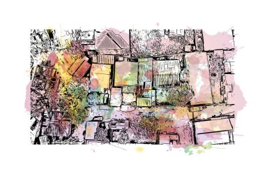 Print Building view with landmark of Conakry, Gine 'nin başkentidir. Vektör içinde elle çizilmiş çizim eşkali ile suluboya sıçraması.