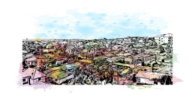 Print Building view with landmark of Conakry, Gine 'nin başkentidir. Vektör içinde elle çizilmiş çizim eşkali ile suluboya sıçraması.