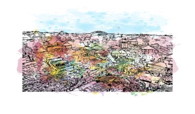 Print Building view with landmark of Conakry, Gine 'nin başkentidir. Vektör içinde elle çizilmiş çizim eşkali ile suluboya sıçraması.