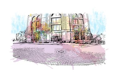 Clarksville manzaralı Print Building View, Tennessee 'nin kuzeyinde bir şehirdir. Vektör içinde elle çizilmiş çizim eşkali ile suluboya sıçraması.