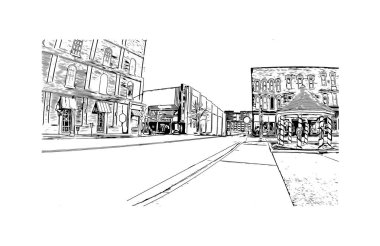 Clarksville manzaralı Print Building View, Tennessee 'nin kuzeyinde bir şehirdir. Vektörde elle çizilmiş çizim çizimi.