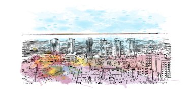 Arjantin 'deki Comodoro Rivadavia şehrinin simgesi olan Print Binası manzarası. Vektör içinde elle çizilmiş çizim eşkali ile suluboya sıçraması.